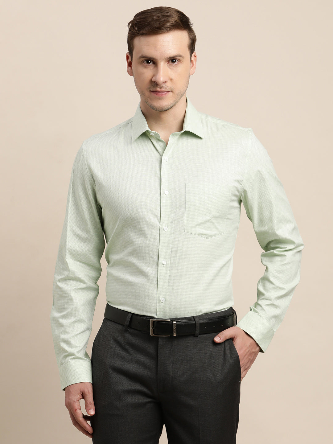 100% Cotton Pista Dobby Slim Fit Full Sleeve Formal Shirt