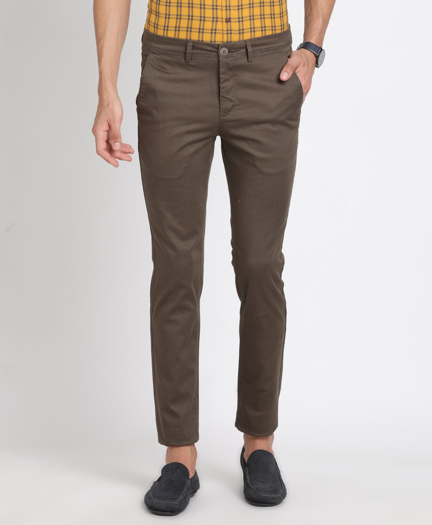 Cotton Stretch Brown Printed Narrow Fit Flat Front Casual Trouser