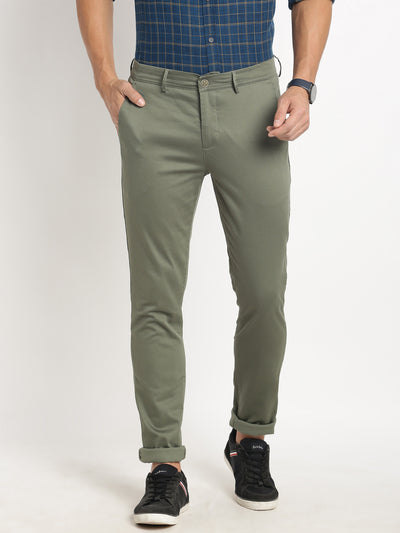 Cotton Stretch Olive Printed Narrow Fit Flat Front Casual Trouser