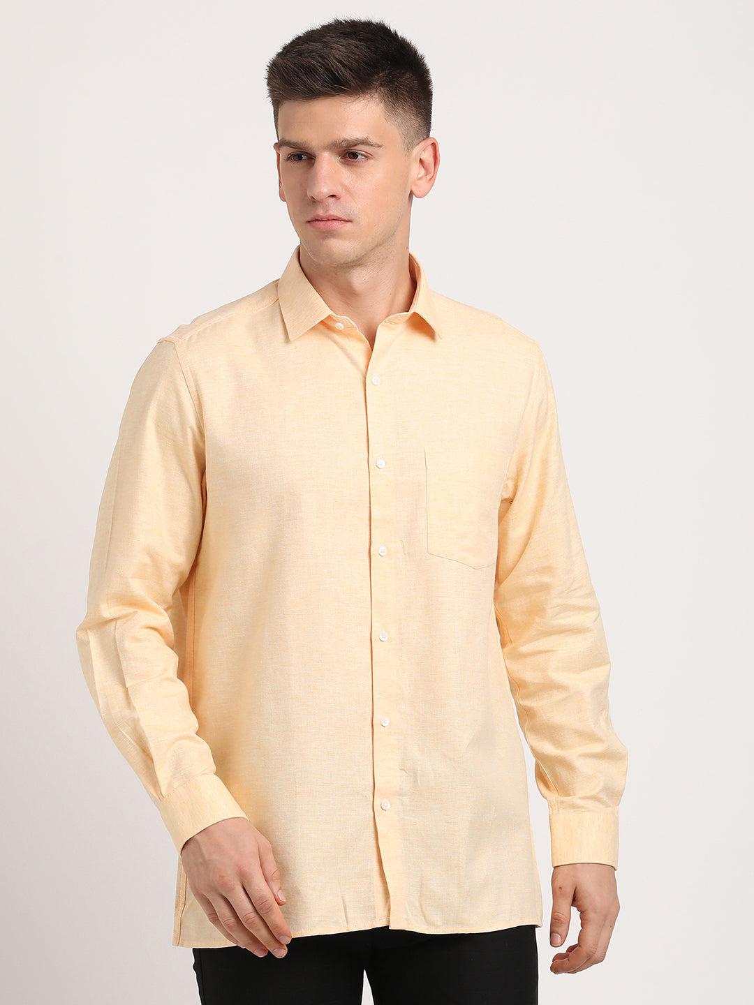 100% Cotton Yellow Plain Regular Fit Full Sleeve Formal Shirt