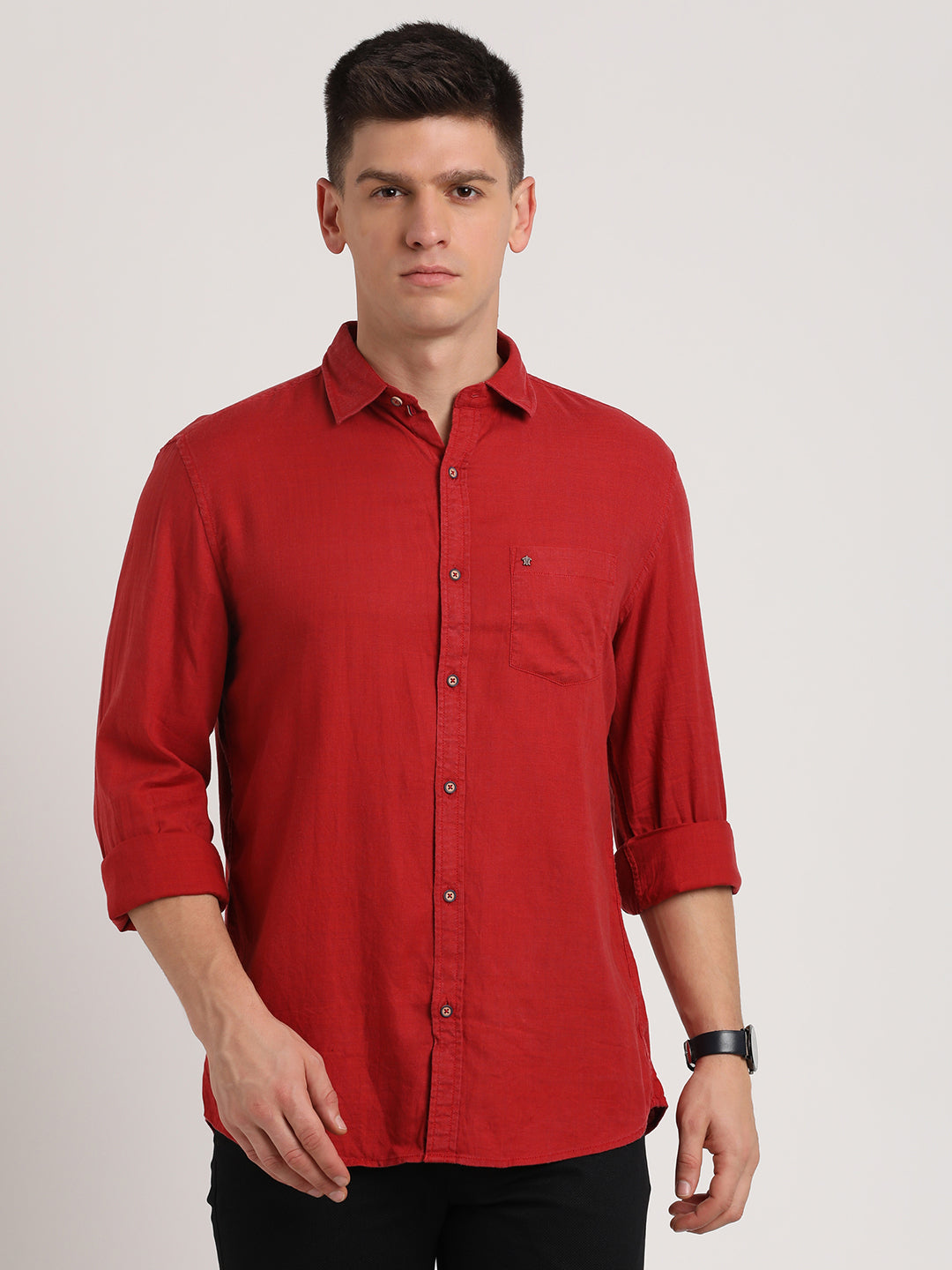 Cotton Lyocell Red Plain Slim Fit Full Sleeve Casual Shirt