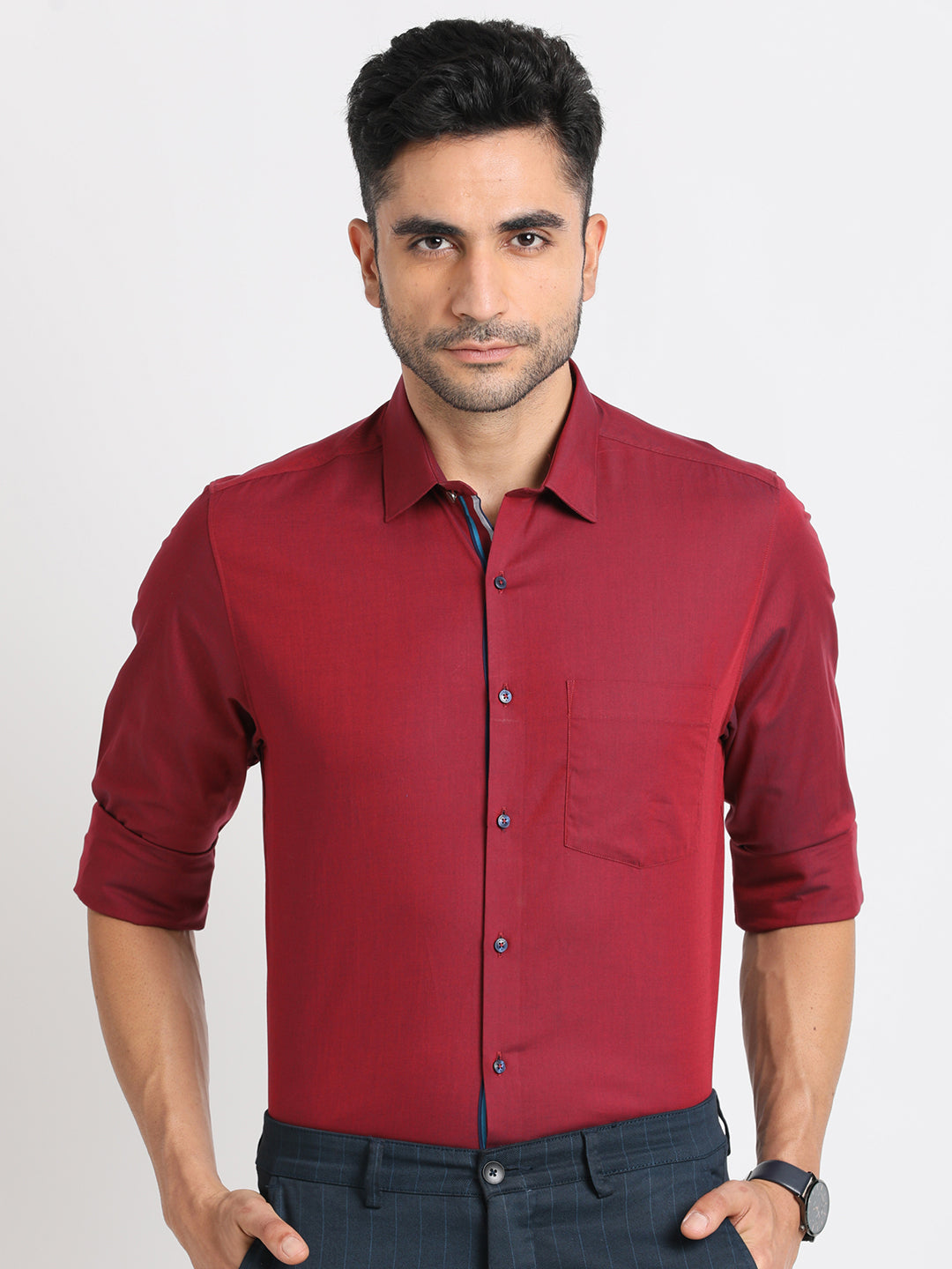 100% Cotton Red Striped Slim Fit Full Sleeve Formal Shirt