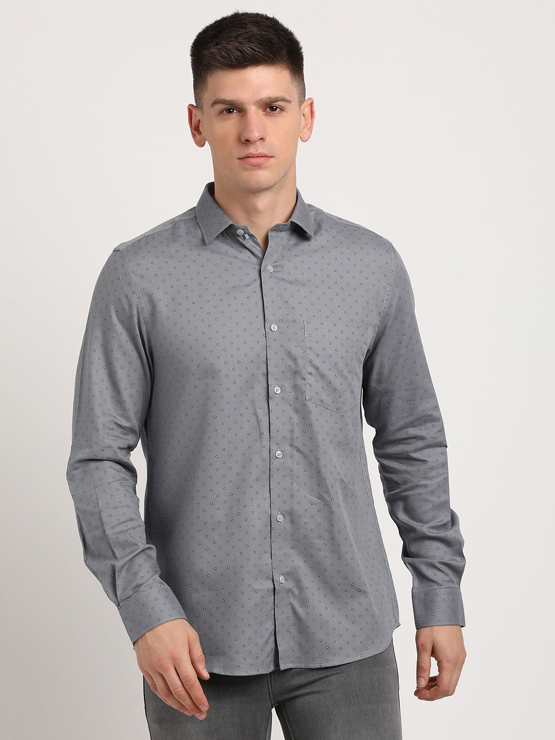 Cotton Tencel Grey Printed Slim Fit Full Sleeve Formal Shirt