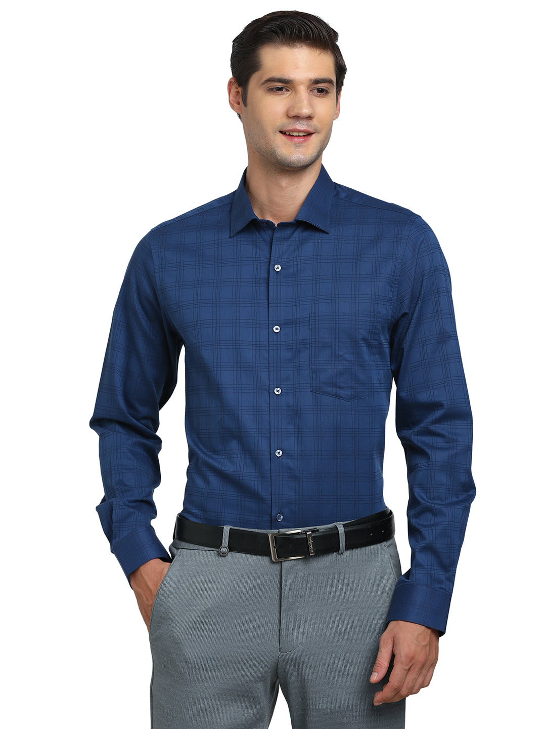 100% Cotton Navy Blue Checkered Slim Fit Full Sleeve Formal Shirt