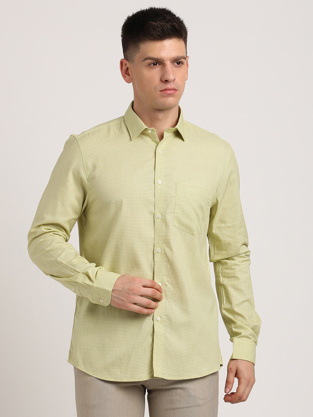 Cotton Tencel Pista Green Printed Slim Fit Full Sleeve Formal Shirt