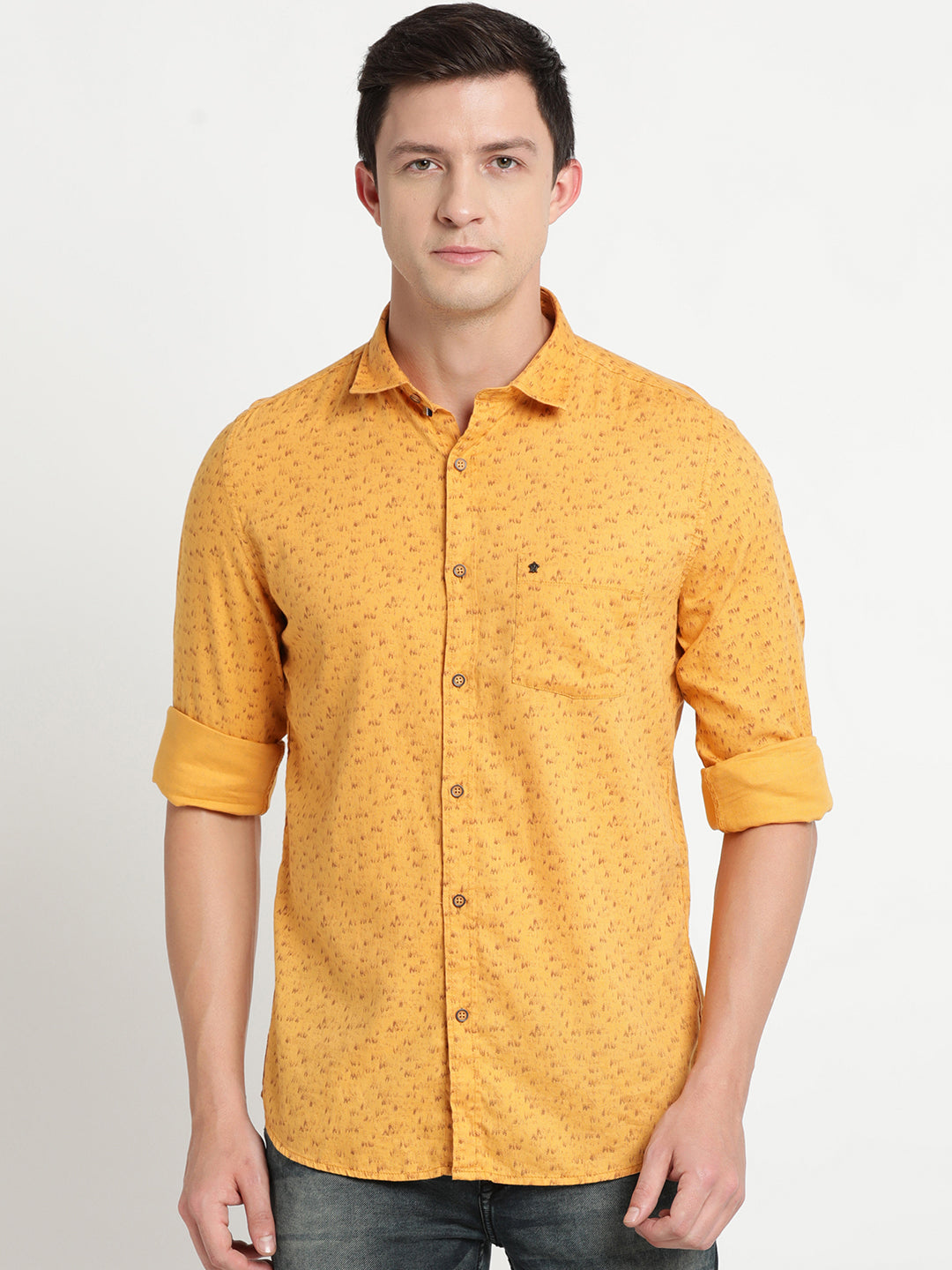 100% Cotton Mustard Printed Slim Fit Full Sleeve Casual Shirt