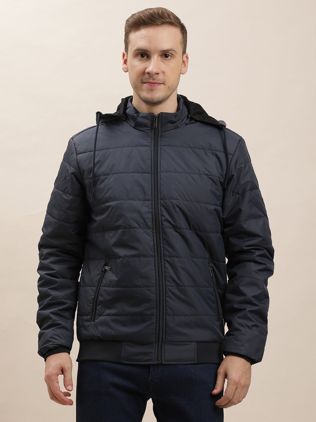 Nylon Solid Navy Zipper Hooded Windcheater Jacket