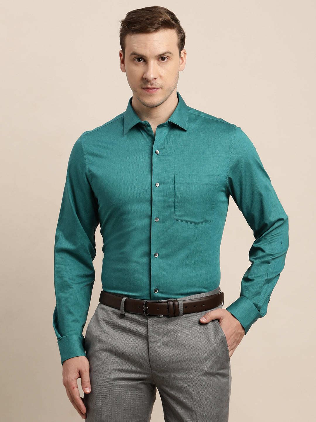 100% Cotton Green Dobby Slim Fit Full Sleeve Formal Shirt