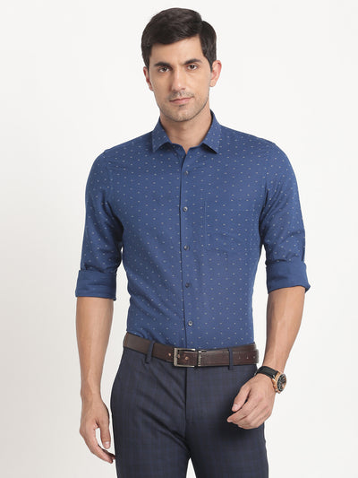 Cotton Linen Navy Blue Printed Slim Fit Full Sleeve Formal Shirt