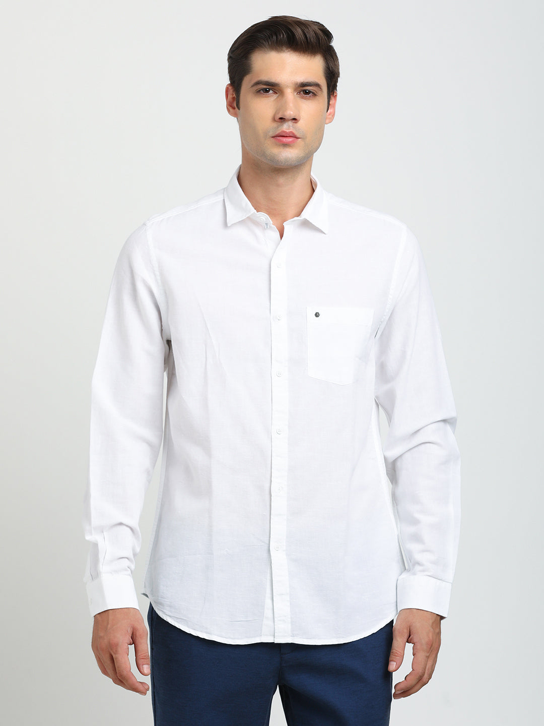 Cotton Linen White Plain Slim Fit Full Sleeve Casual Shirt