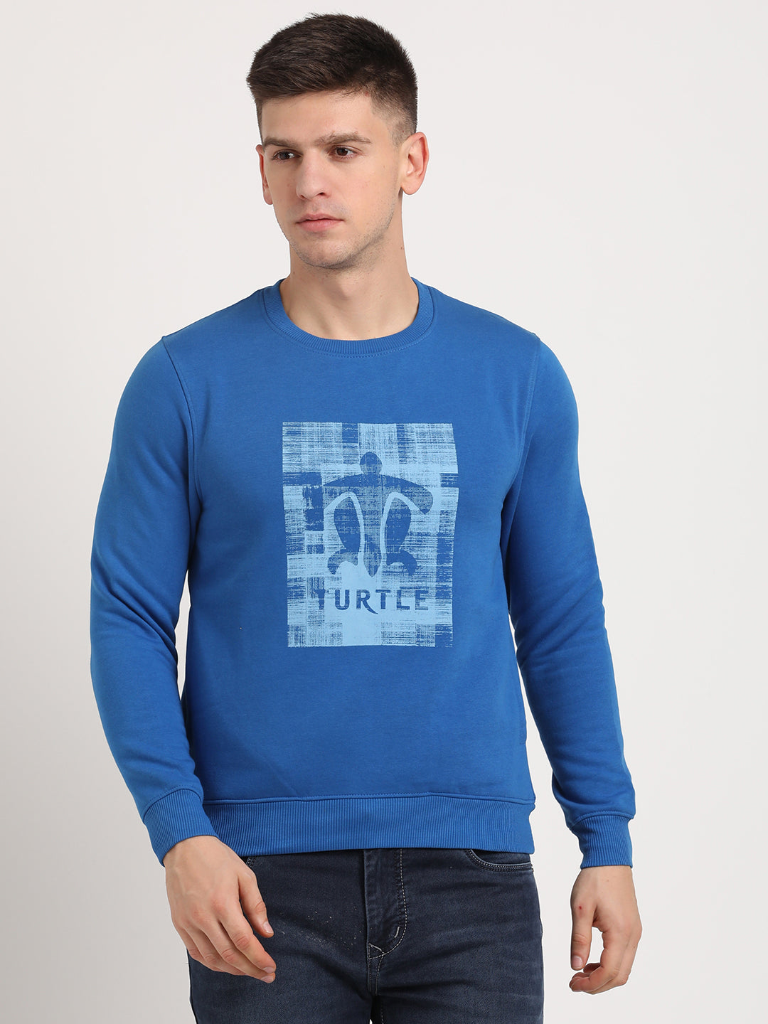 Cotton Stretch Blue Plain Regular Fit Full Sleeve Casual Pullover