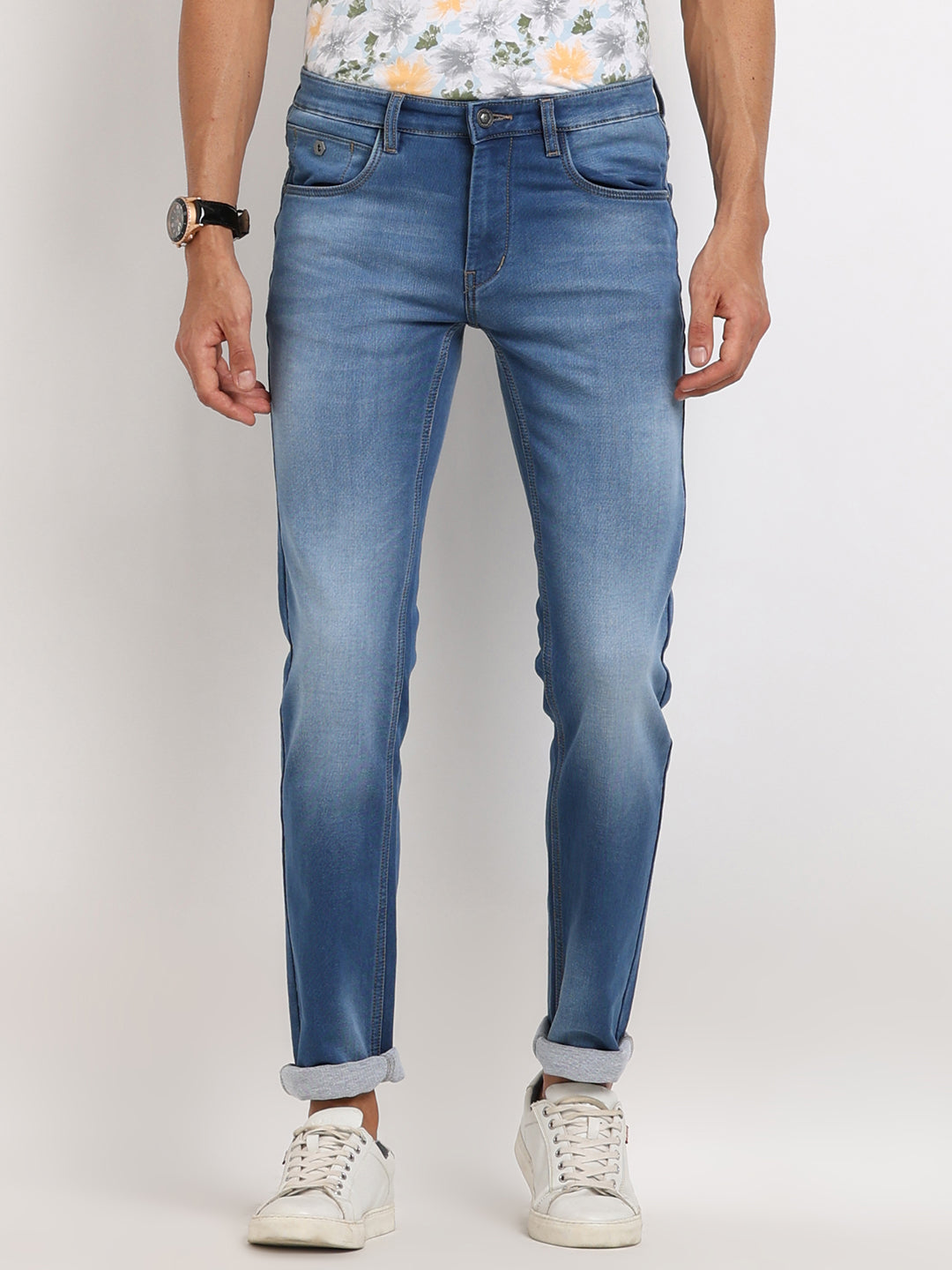 Cotton Stretch Sky Blue Plain Narrow Fit Flat Front Casual Jeans