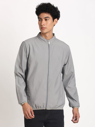 Polyester Grey Plain Regular Fit Full Sleeve Casual Windcheater