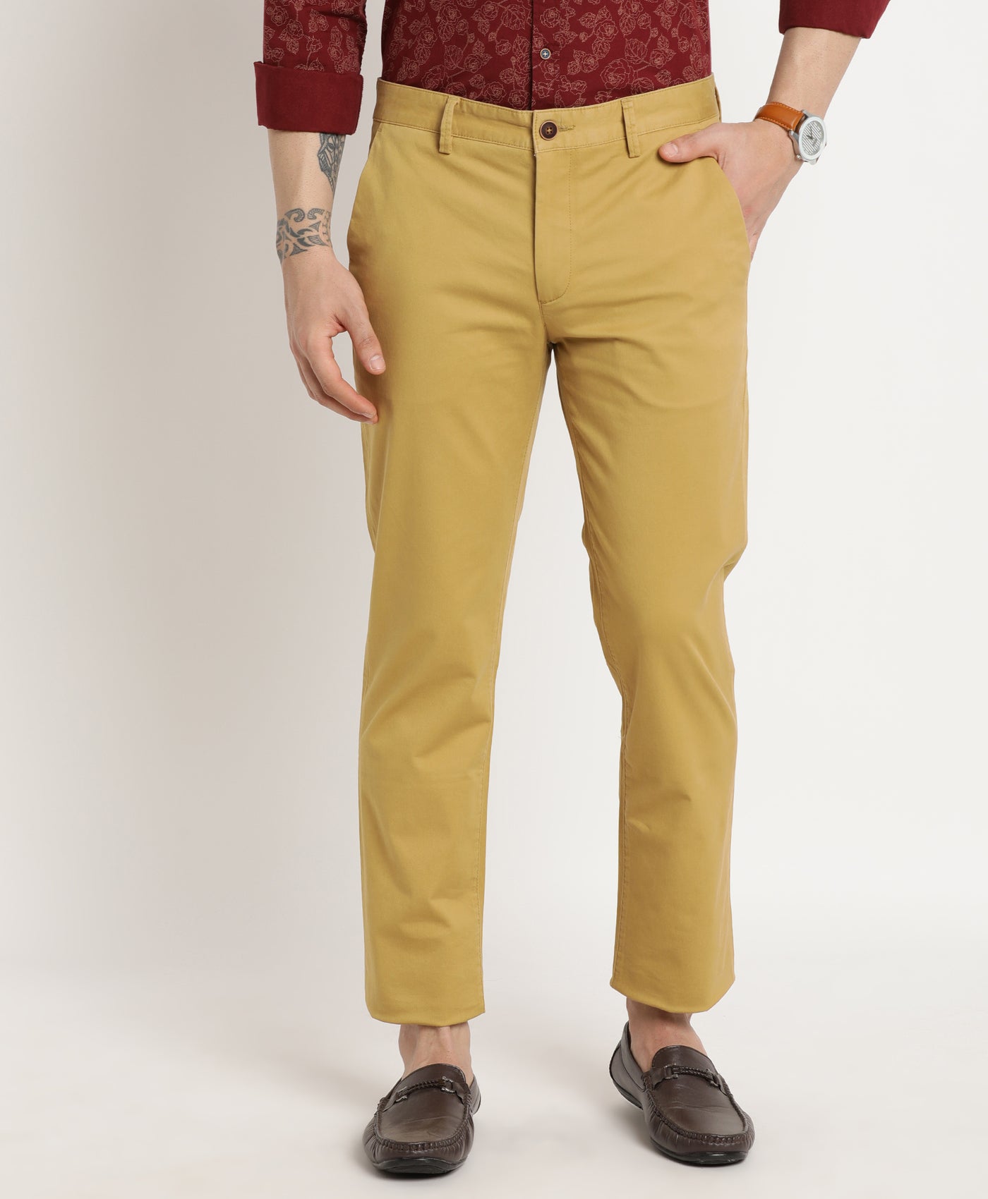 Cotton Stretch Sand Brown Plain Ultra Slim Fit Flat Front Casual Trouser