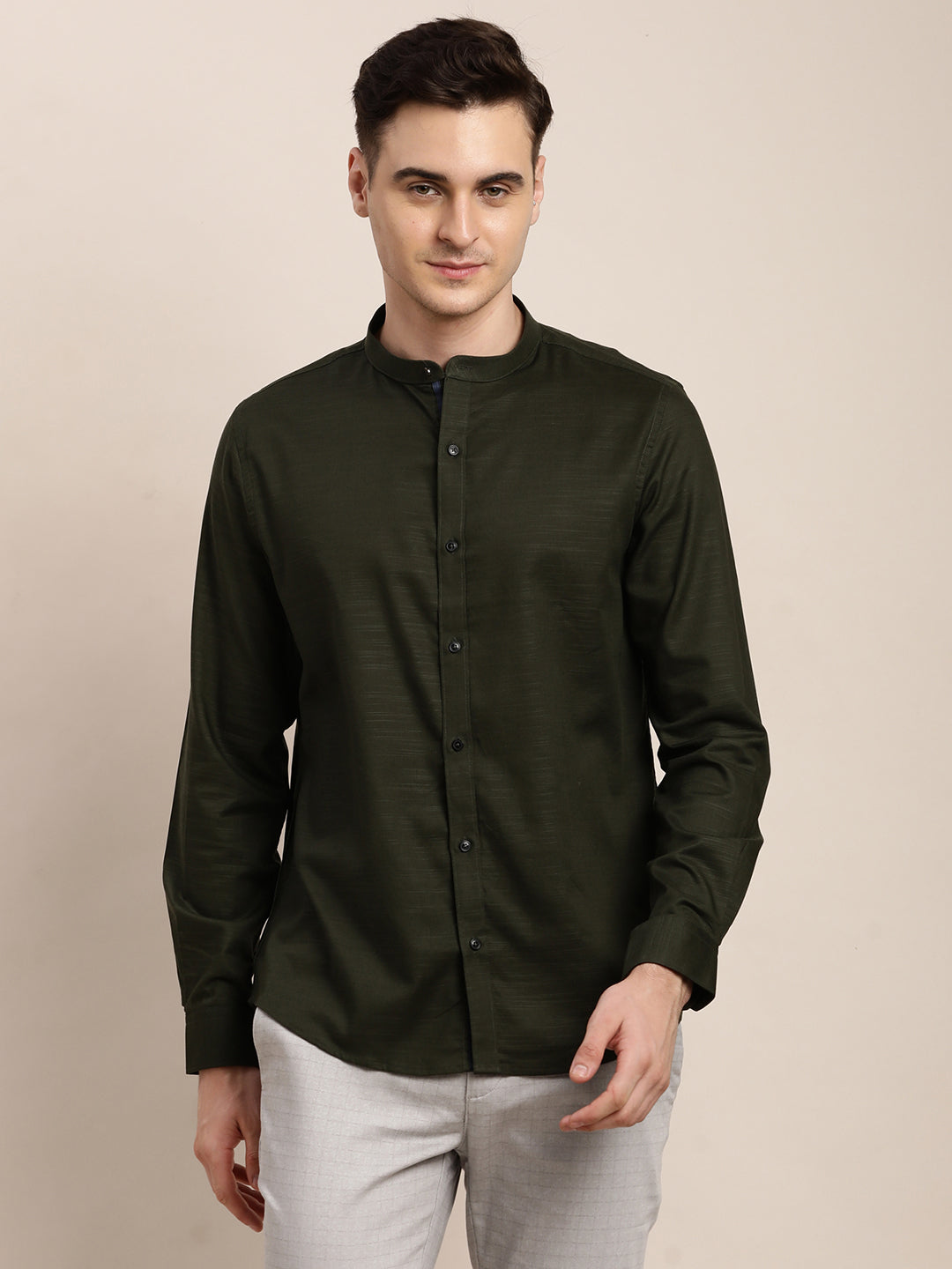 100% Cotton Dark Green Plain Slim Fit Full Sleeve Ceremonial Shirt