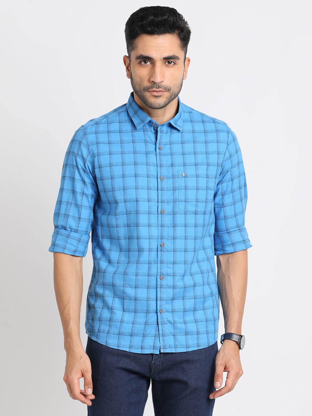 100% Cotton Sky Blue Checkered Slim Fit Full Sleeve Casual Shirt