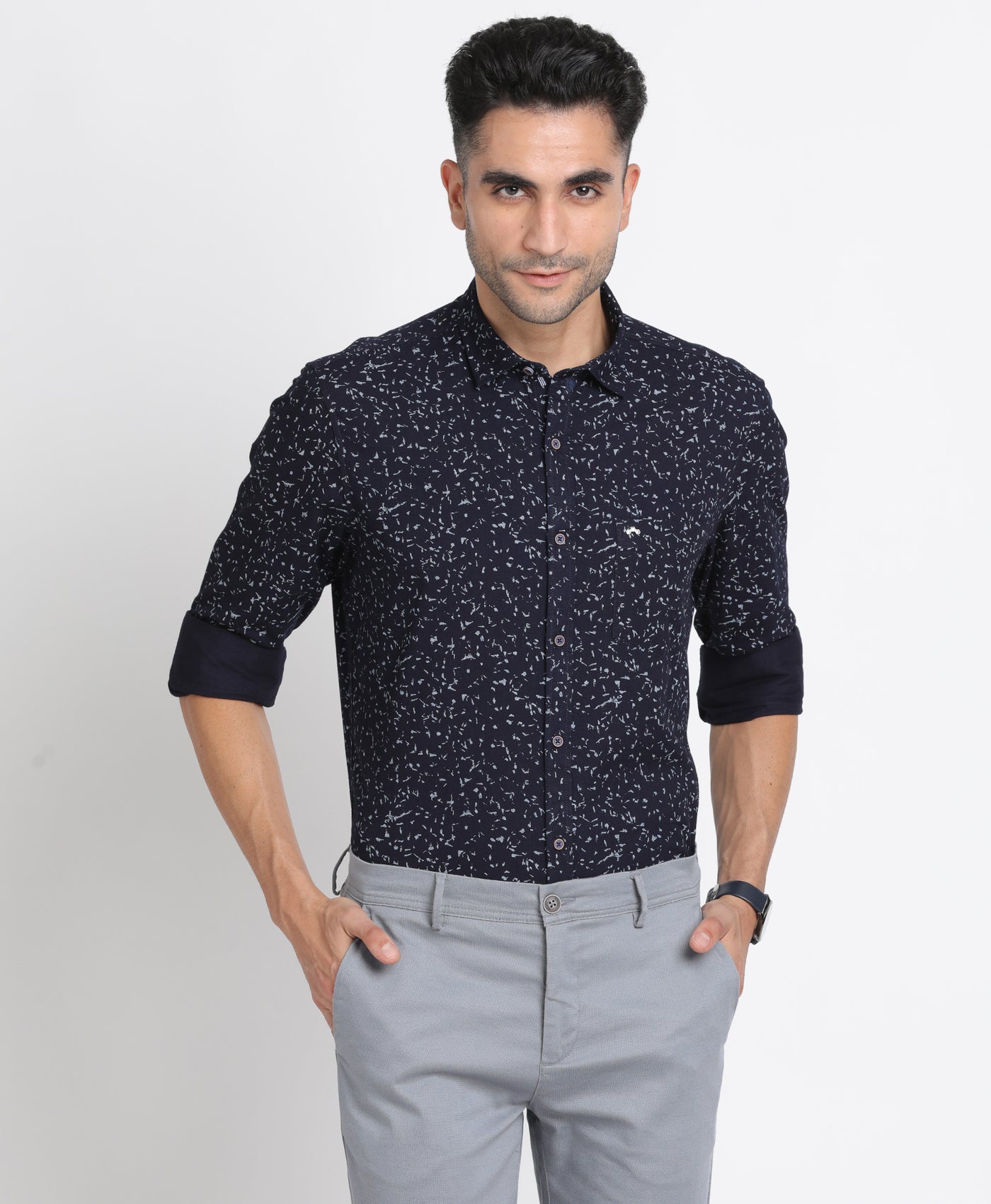 100% Cotton Indigo Navy Blue Printed Slim Fit Full Sleeve Casual Shirt