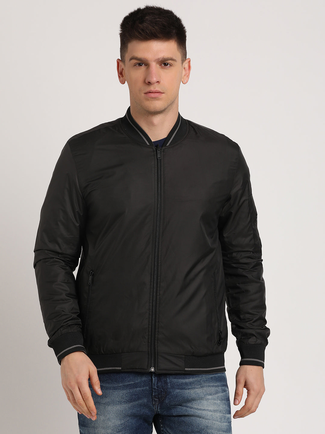 Polyester Solid Black & Brown Zipper Reversible Windcheater Jacket