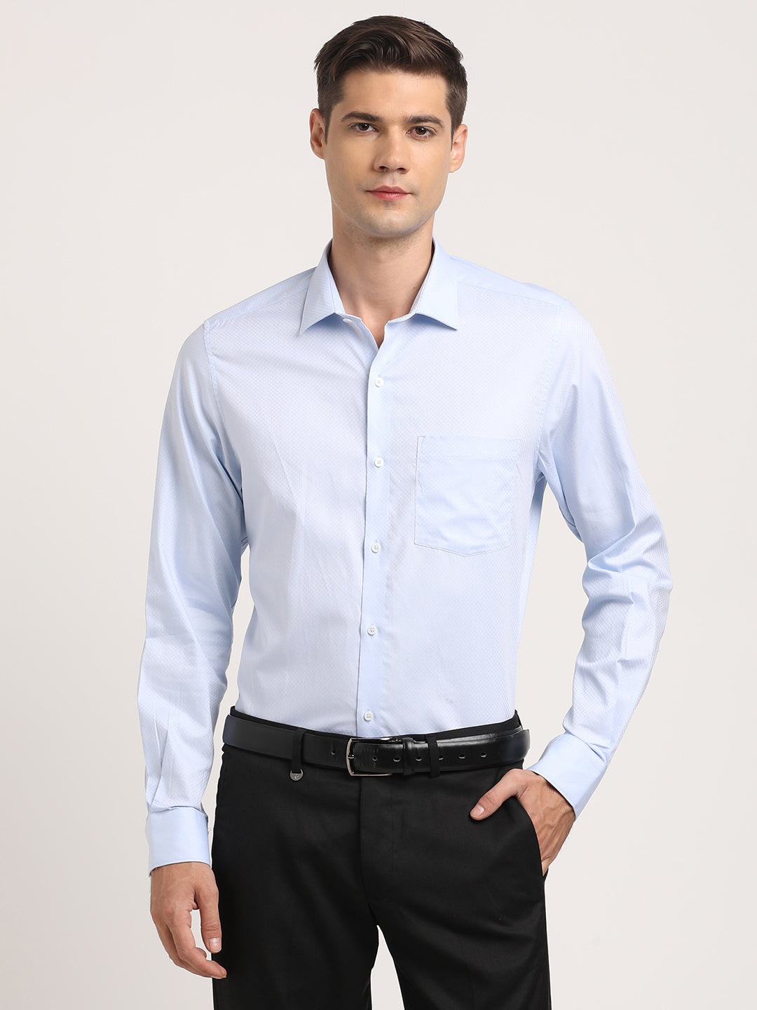 100% Cotton Light Blue Dobby Slim Fit Full Sleeve Formal Shirt