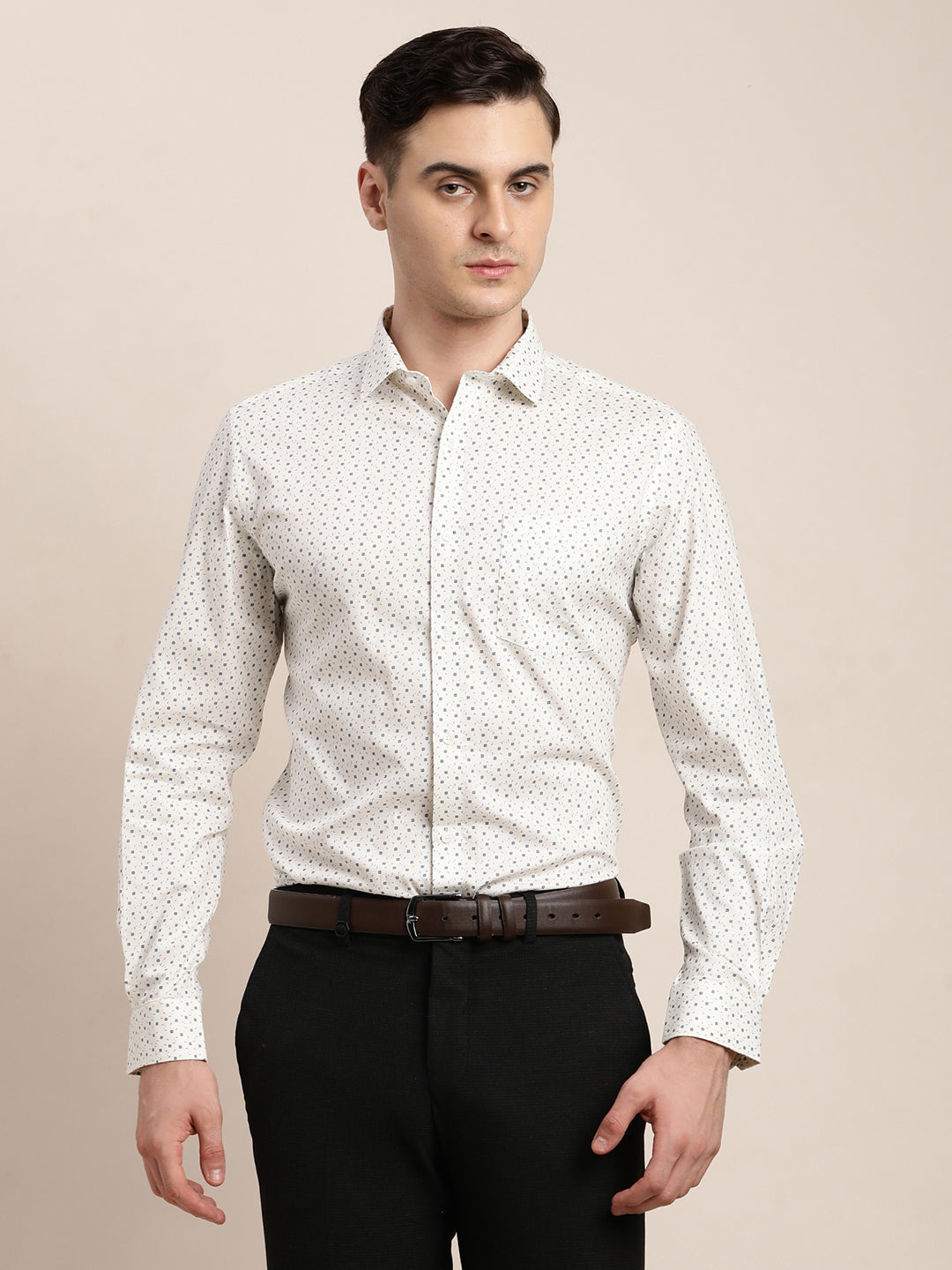 100% Cotton Cream Printed Regular Fit Full Sleeve Formal Shirt