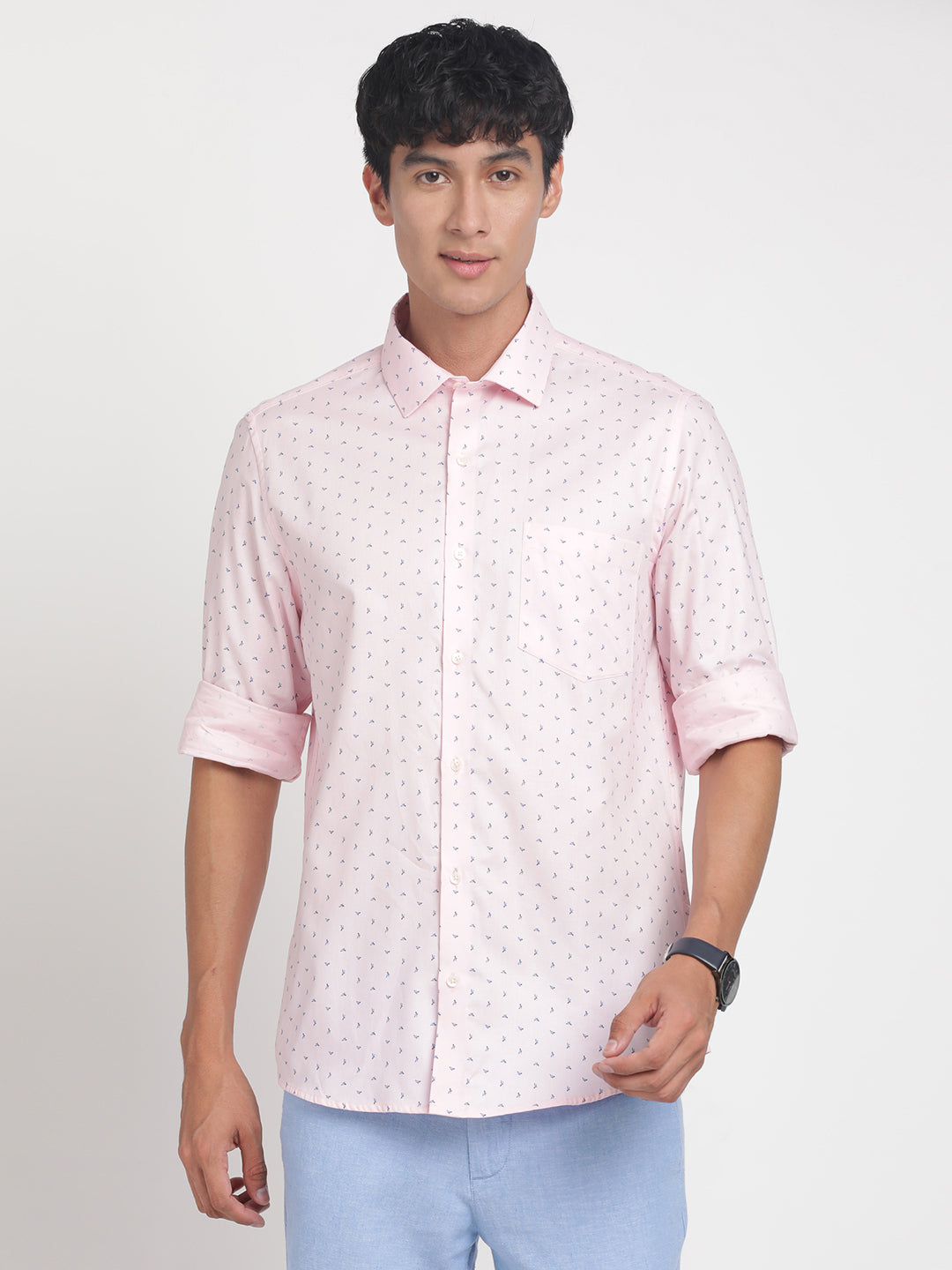 100% Cotton Light Pink Printed Slim Fit Full Sleeve Formal Shirt