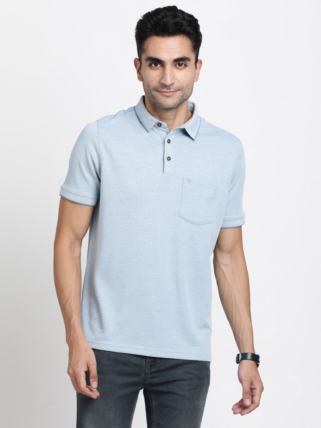 Knitted Blue Plain Polo Neck Half Sleeve Casual T-Shirt