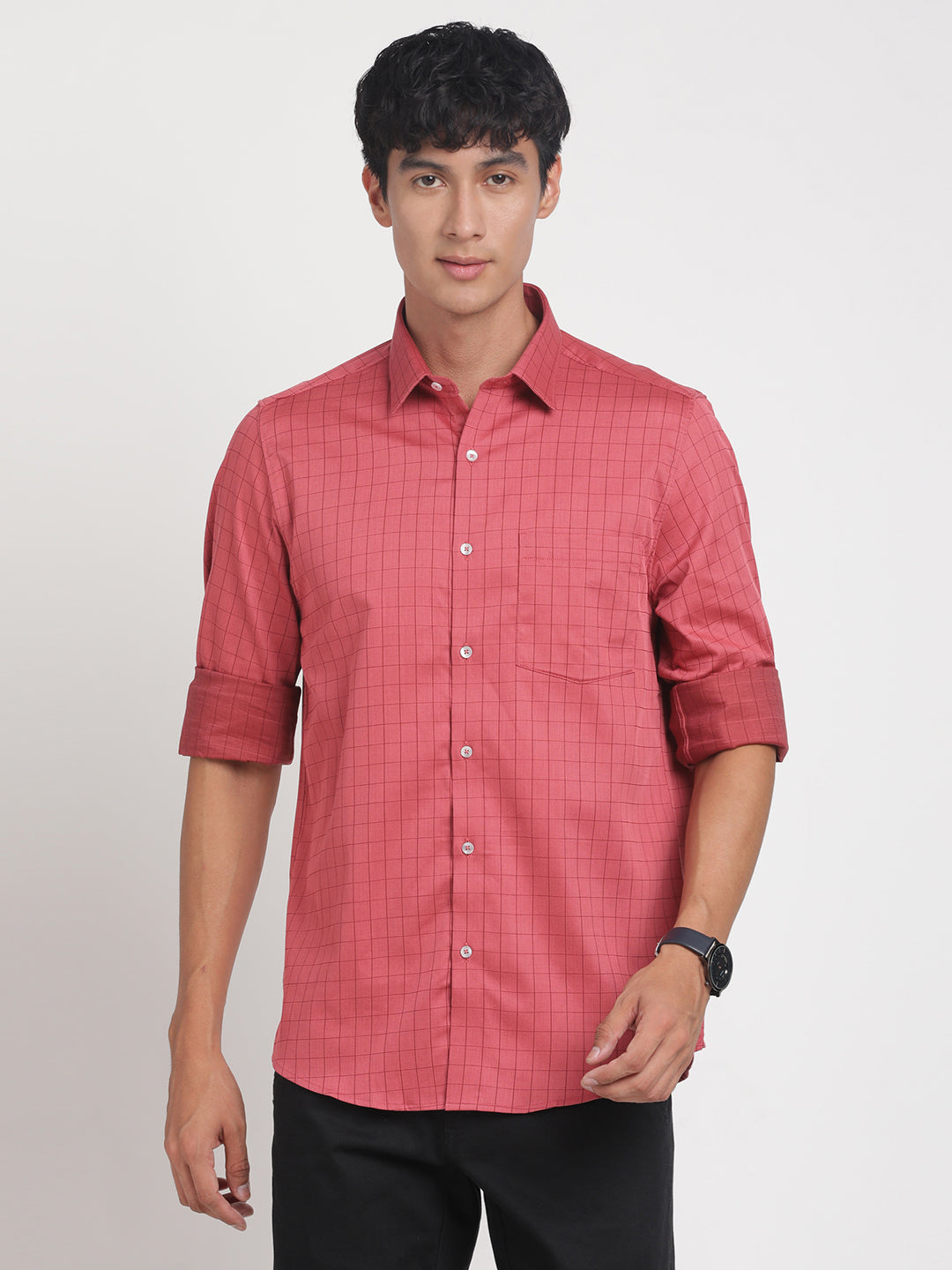 100% Cotton Red Checkered Slim Fit Full Sleeve Formal Shirt