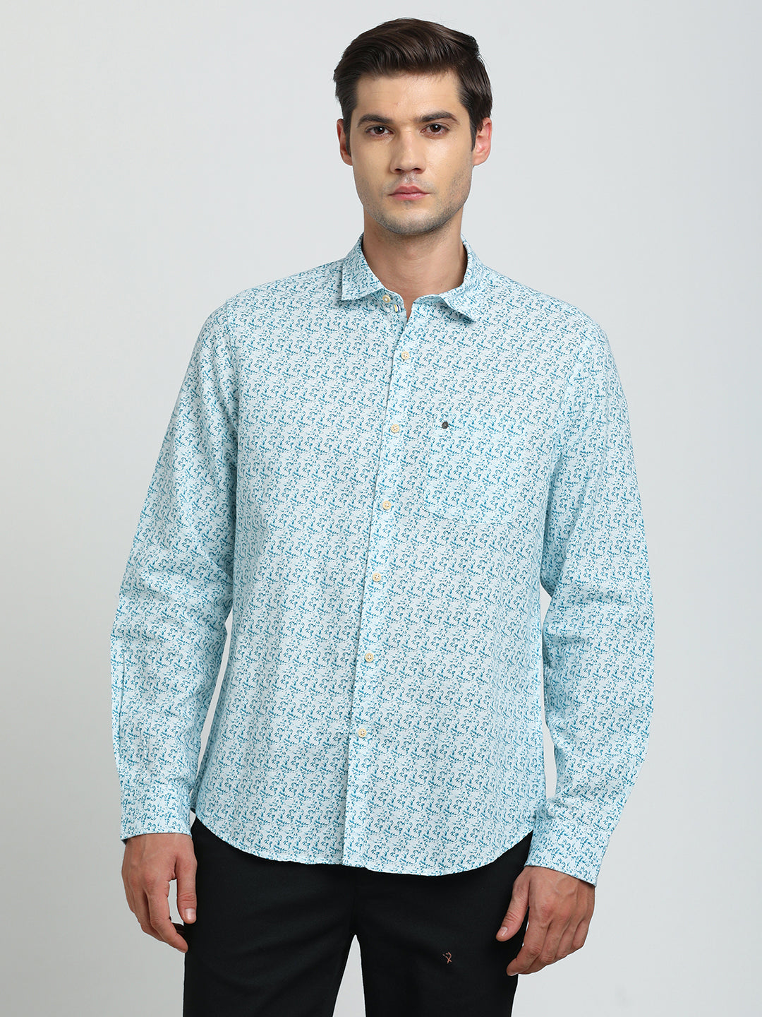 Cotton Linen Sea Blue Printed Slim Fit Full Sleeve Casual Shirt