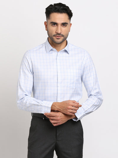 Giza Cotton Sky Blue Checkered Slim Fit Full Sleeve Formal Shirt
