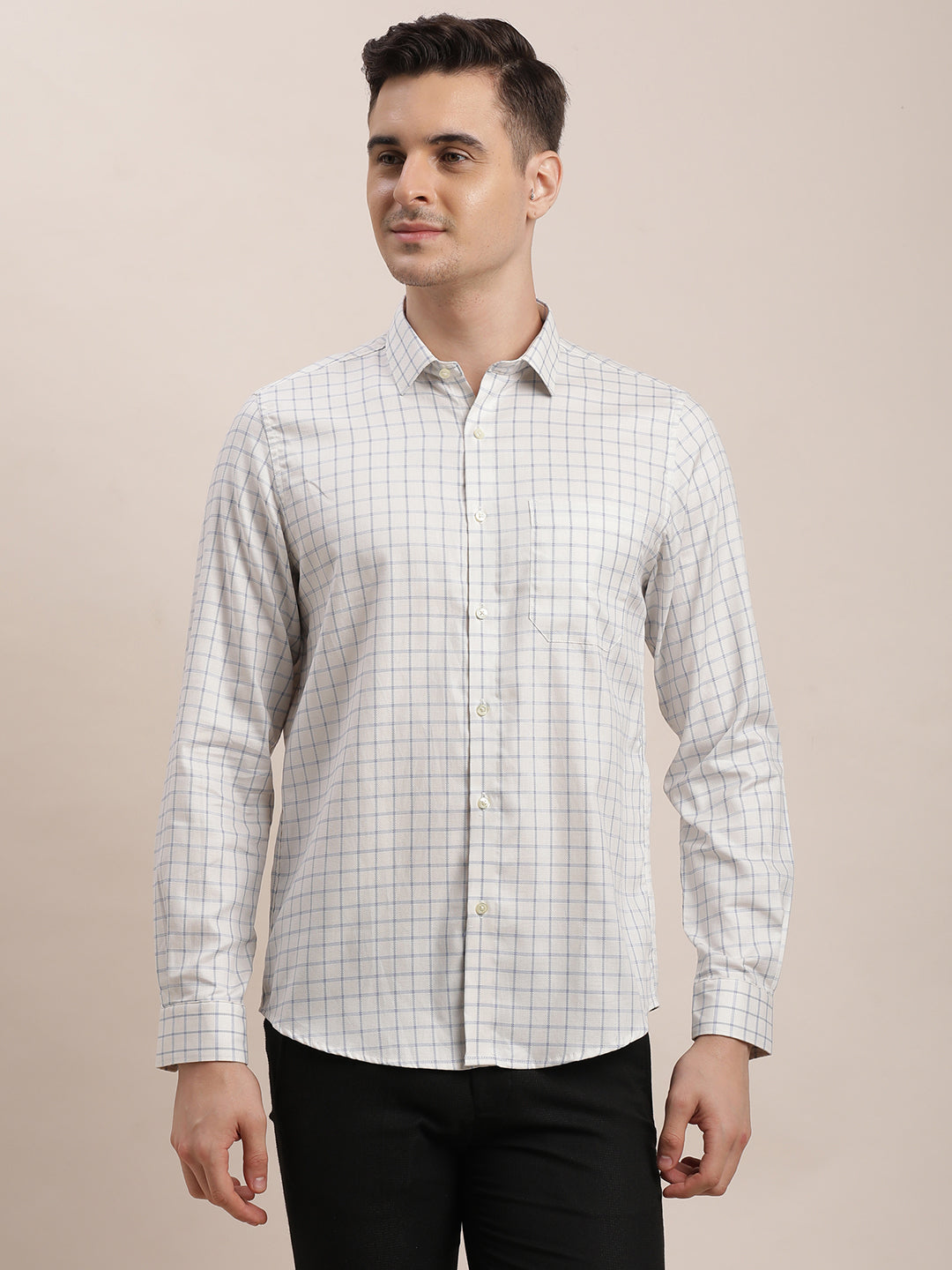 100% Cotton Grey Checkered Slim Fit Full Sleeve Formal Shirt