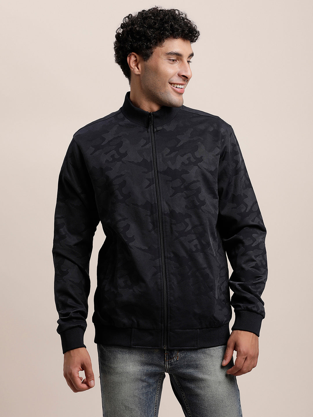 Knitted Black Printed Regular Fit Full Sleeve Casual Windcheater