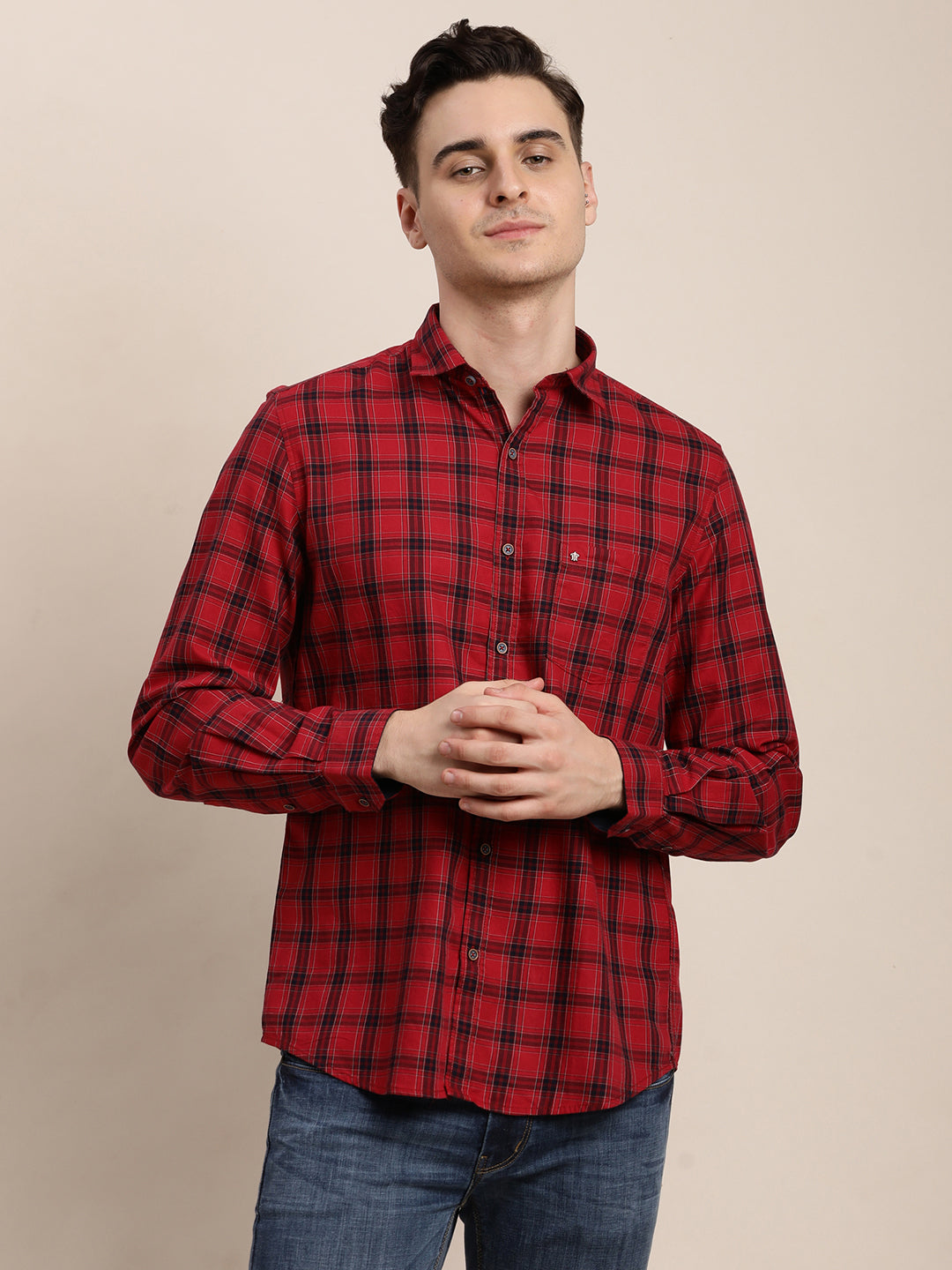 100% Cotton Red Checkered Slim Fit Full Sleeve Casual Shirt