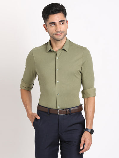 Knitted Green Printed Slim Fit Full Sleeve Formal Shirt