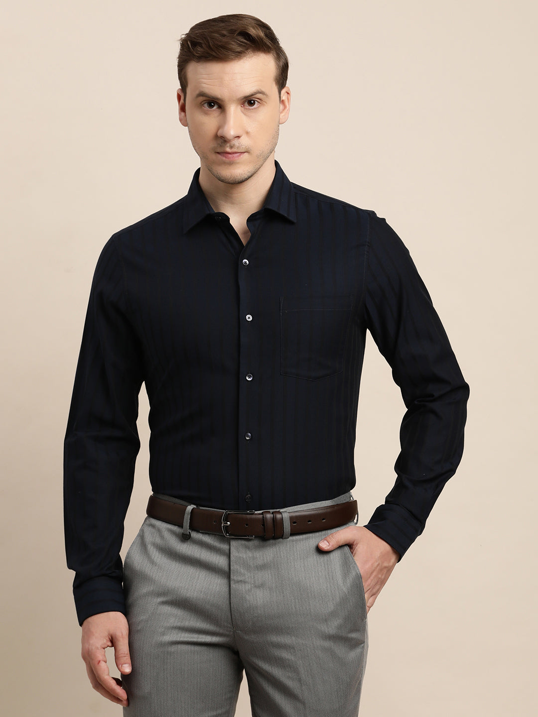 100% Cotton Navy Blue Striped Slim Fit Full Sleeve Formal Shirt