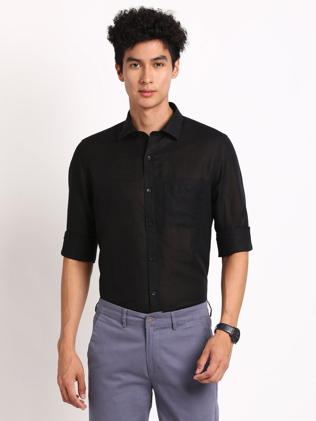 Cotton Linen Black Plain Slim Fit Full Sleeve Formal Shirt