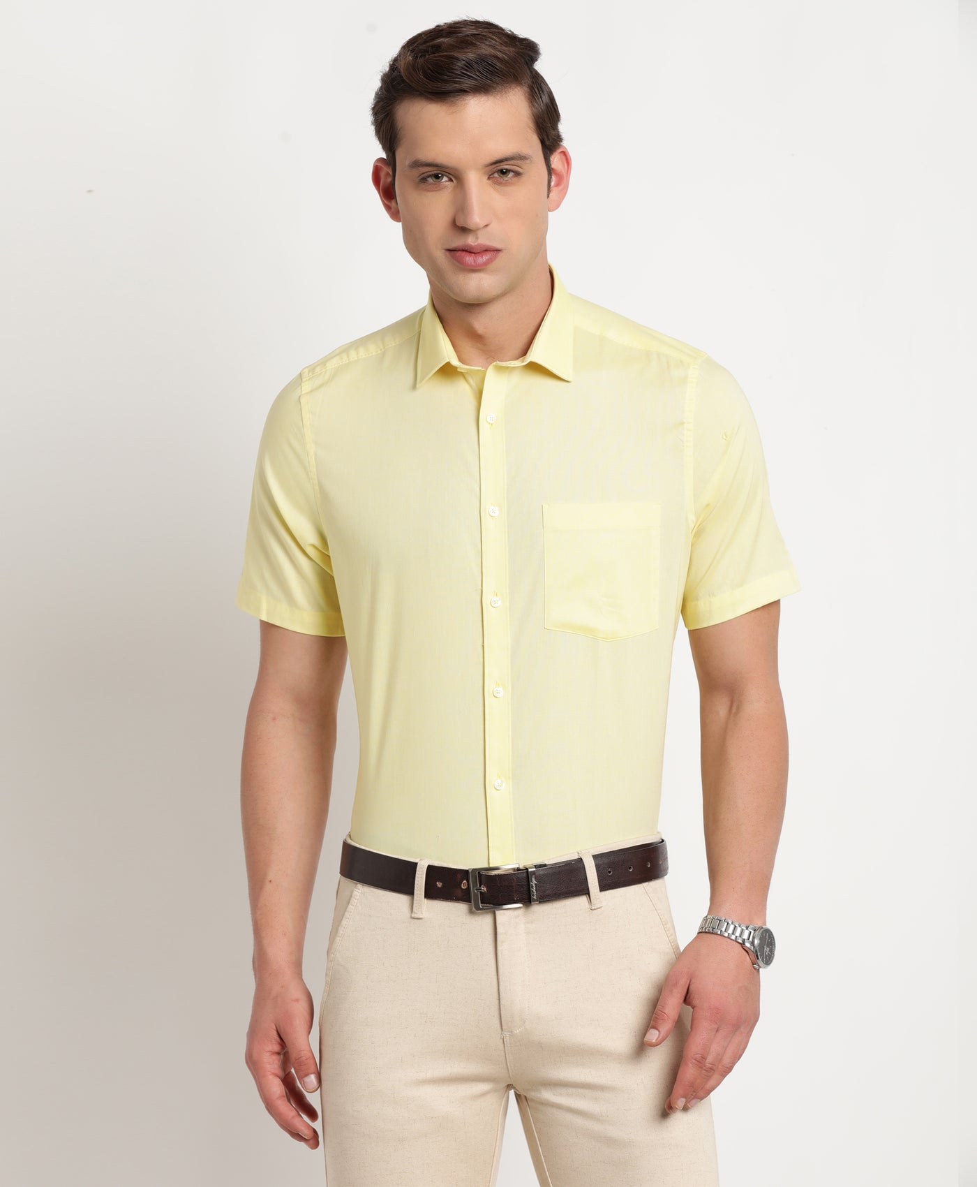 100% Cotton Yellow Plain Regular Fit Half Sleeve Formal Shirt