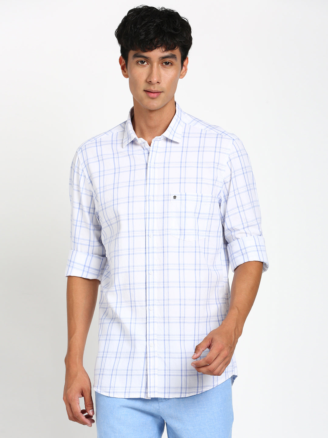 100% Cotton White Checkered Slim Fit Full Sleeve Casual Shirt