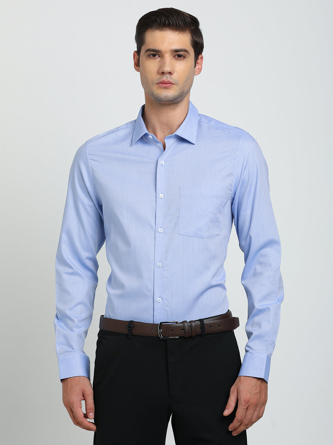 100% Cotton Sky Blue Striped Slim Fit Full Sleeve Formal Shirt