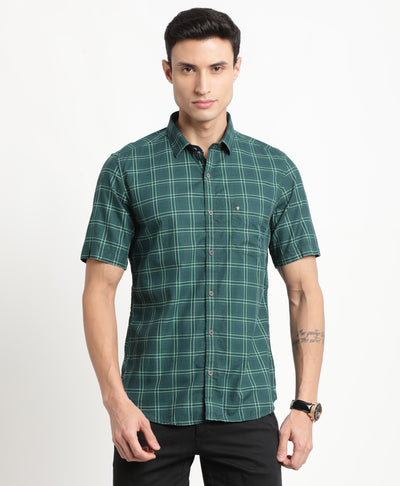 100% Cotton Teal Green Checkered Slim Fit Full Sleeve Casual Shirt