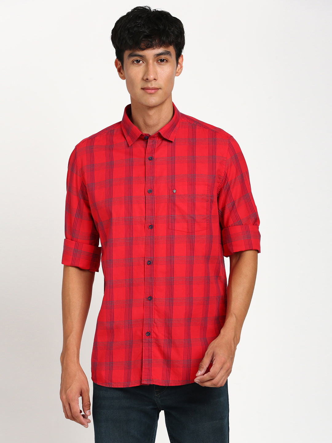 100% Cotton Red Checkered Slim Fit Full Sleeve Casual Shirt