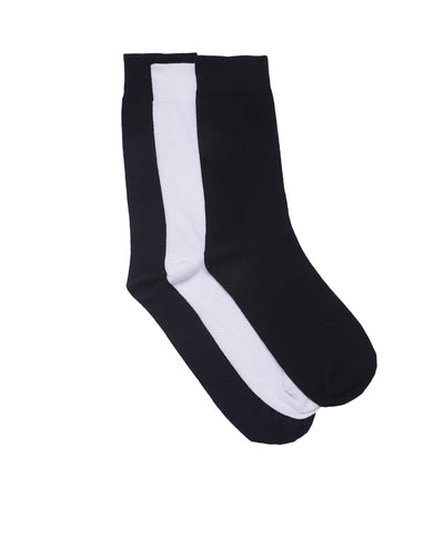 Cotton White-Navy-Black Solid Calf Length Formal Socks (Pack Of 3)