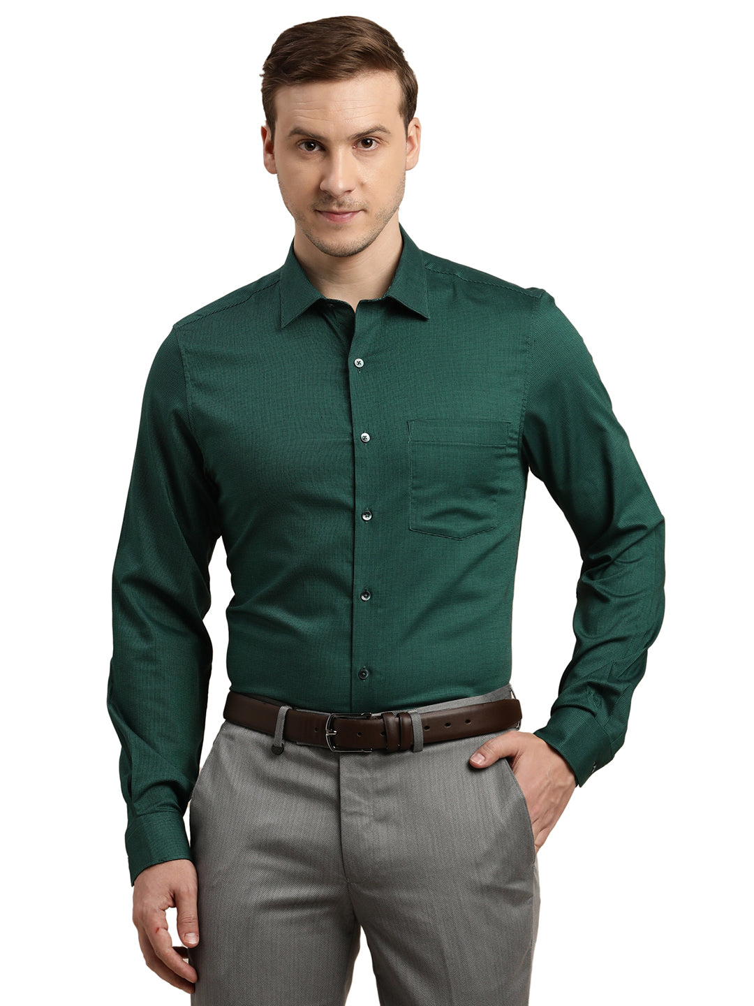 100% Cotton Green Dobby Slim Fit Full Sleeve Formal Shirt