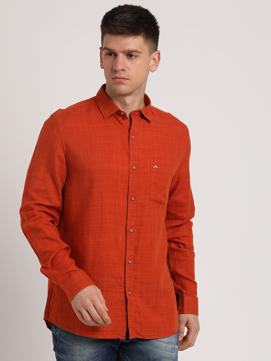 Cotton Lyocell Orange Plain Slim Fit Full Sleeve Casual Shirt