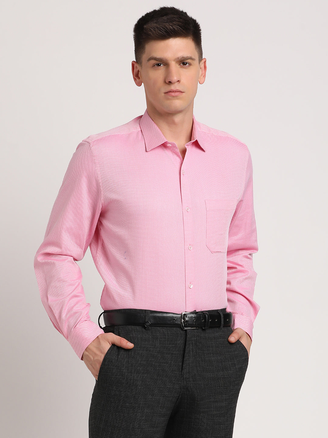 Giza Cotton Light Pink Dobby Regular Fit Full Sleeve Formal Shirt