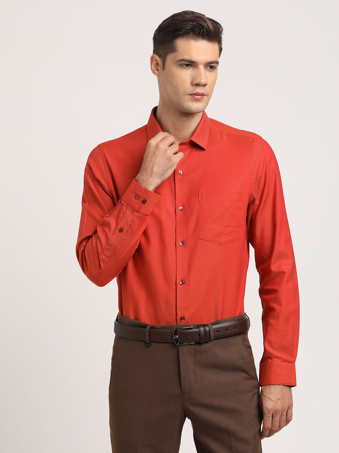 100% Cotton Orange Dobby Slim Fit Full Sleeve Formal Shirt