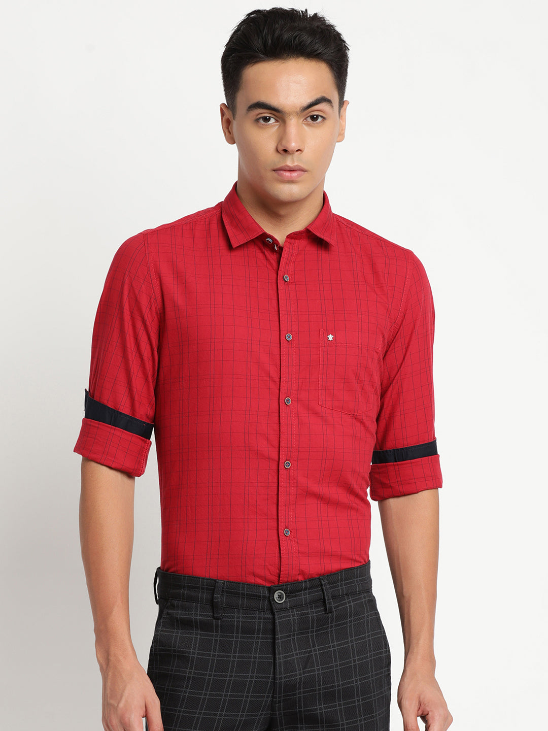 100% Cotton Red Checkered Slim Fit Full Sleeve Casual Shirt