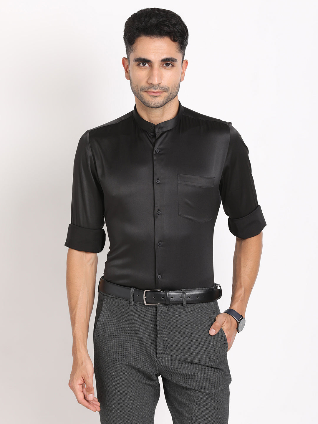 Cotton Black Plain Regular Fit Mandarin Collar Formal Shirt