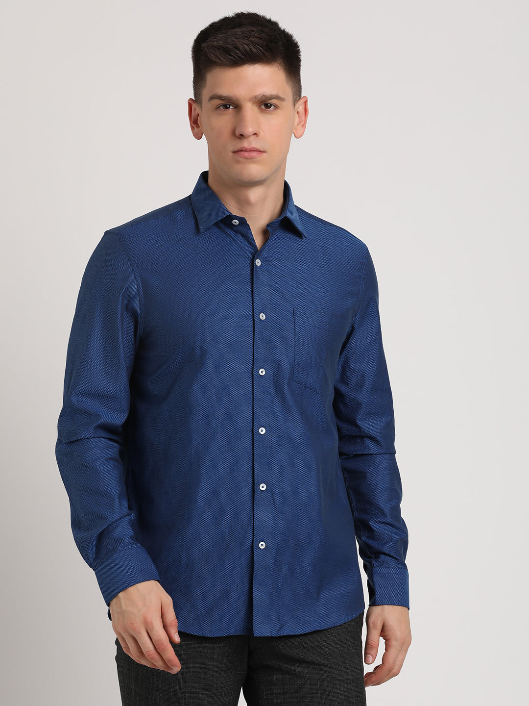 100% Cotton Indigo Blue Dobby Slim Fit Full Sleeve Formal Shirt