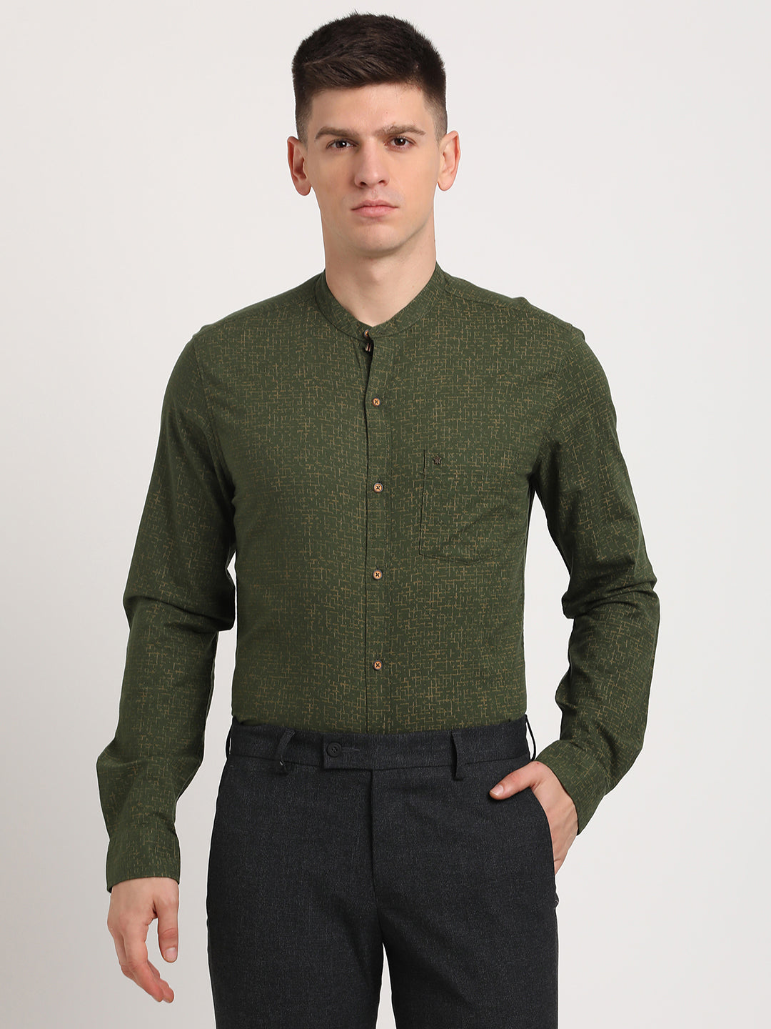 100% Cotton Dark Green Printed Slim Fit Full Sleeve Casual Shirt