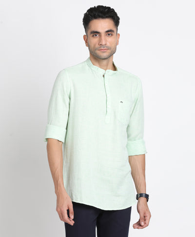 Cotton Lyolin Green Plain Kurta Full Sleeve Casual Shirt